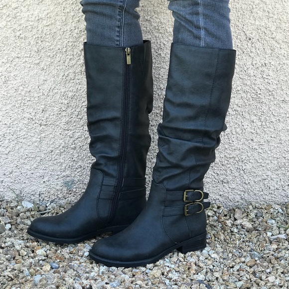 Macy's Shoes - Black Knee High Double Buckle Boots